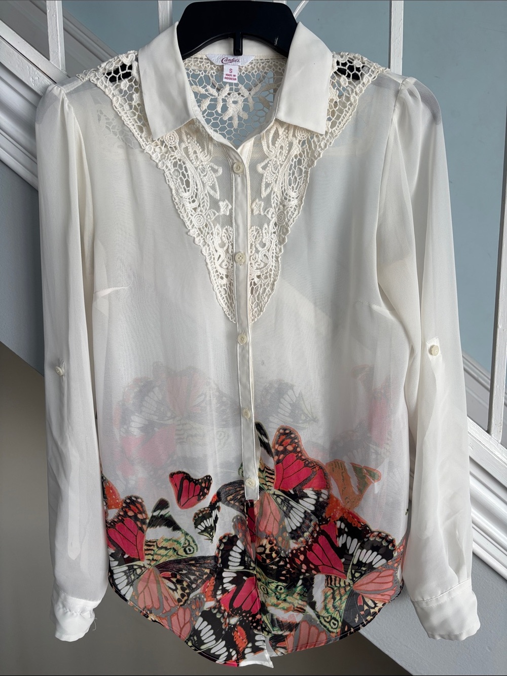 Candie's Sheer Ivory Button-Down Blouse with Butterfly Hem